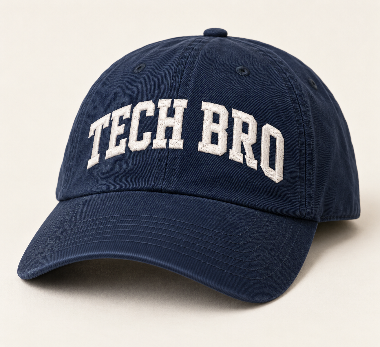 Navy TECH BRO baseball hat with off-white embroidered collegiate lettering