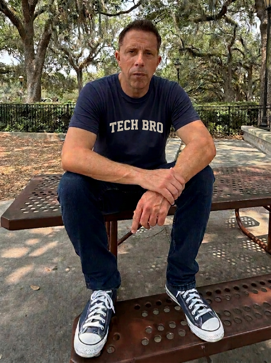 Aaron Bare wearing a navy TECH BRO tee, sitting outdoors