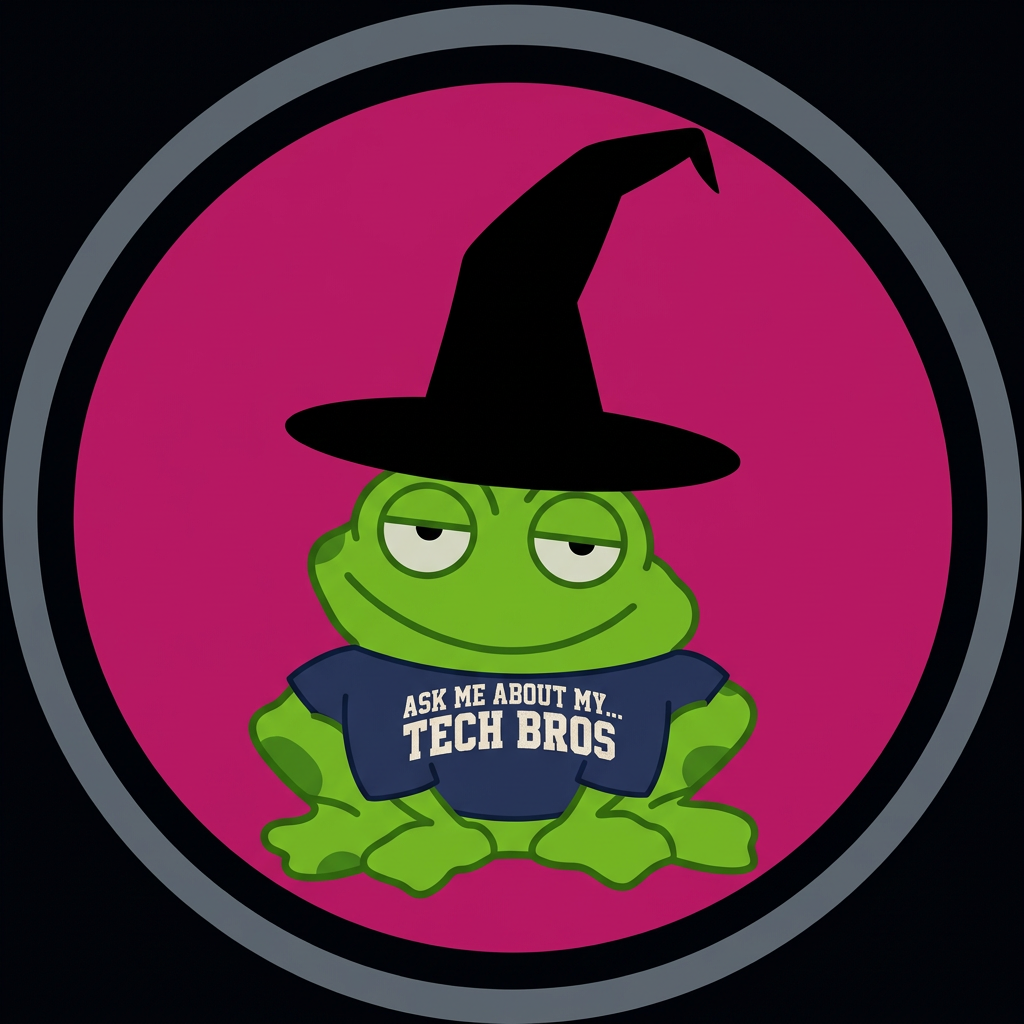 Frogwitch, a cartoon frog in a witch hat wearing a navy ASK ME ABOUT MY TECH BROS tee